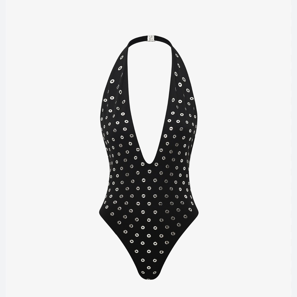 Alaia NWOT Black and Silver Eyelet Deep V One Piece Swimsuit Size 34
